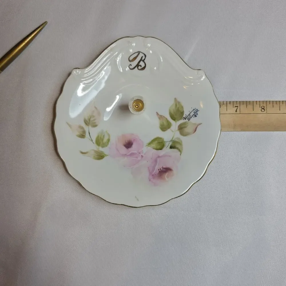 Vintage Pen Holder Desk Handpainted Porcelain Artist Signed Virginia B 1987 Gold